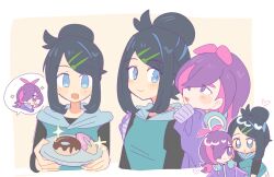 2girls black_hair blue_eyes blue_hair blue_hoodie blush closed_mouth cowlick donut dot_(pokemon) food hair_ornament hair_over_eyes hairclip han0579 highres holding holding_tray hood hoodie jacket liko_(pokemon) long_sleeves looking_at_viewer multicolored_hair multiple_girls nintendo open_mouth pink_hair pokemon pokemon_(anime) pokemon_horizons purple_eyes purple_hair shirt short_hair smile tray two-tone_hair upper_body