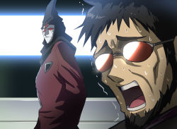 2boys arms_behind_back beard brown_hair cosplay crossover facial_hair fujitaka_nasu fushigi_no_umi_no_nadia fuyutsuki_kouzou gargoyle_(nadia) gargoyle_(nadia)_(cosplay) glasses hood ikari_gendou kiyokawa_motomu long_sleeves male_focus mask military military_uniform multiple_boys neon_genesis_evangelion nervous open_mouth parody short_hair sweat teeth trembling upper_body voice_actor_connection what