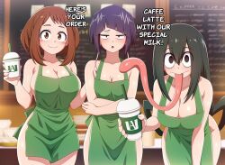 3girls apron asui_tsuyu black_eyes black_hair blue-senpai blurry blurry_background blush blush_stickers boku_no_hero_academia breasts brown_hair cleavage cup hair_rings jiro_kyoka large_breasts leaning_forward long_hair long_tongue looking_at_viewer meme multiple_girls naked_apron sidelocks standing starbucks tongue tongue_out uraraka_ochako wide_hips