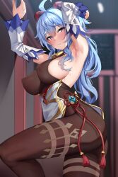 1girl absurdres ahoge arm_up armpits bell black_pantyhose blue_hair blush bodystocking breasts chinese_knot commentary_request covered_erect_nipples detached_sleeves flower_knot from_side ganyu_(genshin_impact) genshin_impact goat_horns gold_trim highres horns jack_dempa jewelry large_breasts leg_up long_hair long_sleeves looking_at_another neck_bell no_gloves outdoors paid_reward_available pantyhose purple_eyes sideboob solo standing sweat tassel thighlet thighs vision_(genshin_impact) wavy_mouth white_sleeves