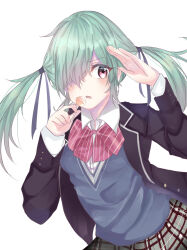 1girl absurdres arm_up black_jacket blue_sweater_vest bow bowtie candy collared_shirt commentary food green_hair hair_over_one_eye hair_ribbon highres holding holding_candy holding_food holding_lollipop jacket lollipop looking_to_the_side momo_030_(hongkong) plaid_clothes plaid_skirt red_bow red_bowtie red_eyes ribbon shirt simple_background skirt solo sweater_vest takigawa_noa twintails white_background white_shirt yamada-kun_to_7-nin_no_majo