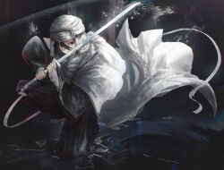Rule 34 | 1girl, absurdres, black eyes, black hair, black kimono, black pants, bleach, cape, closed mouth, commentary, english commentary, franlol, full body, hair between eyes, hat, highres, holding, holding sword, holding weapon, japanese clothes, katana, kimono, kuchiki rukia, long sleeves, pants, short hair, solo, sword, weapon, white cape, white hat, wide sleeves