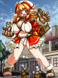 2girls blonde_hair blue_eyes breasts chimney cleavage ear_piercing covered_erect_nipples giant giantess gloves green_hair hat house huge_breasts japanese_clothes long_hair lovezawa miko multiple_girls original piercing pixiv_fantasia pixiv_fantasia_4 pointy_ears polearm sandals soldier spear tea tears weapon