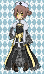 1girl arch_bishop_(ragnarok_online) argyle_background black_dress black_pantyhose blue_background blush boots brown_boots cleavage_cutout clothing_cutout commentary_request cross double_bun dress flat_chest frilled_dress frilled_sleeves frills full_body grey_dress grey_hat grin hair_bun hat juliet_sleeves long_sleeves looking_at_viewer meiko_(nattu303) nurse_cap pantyhose puffy_sleeves ragnarok_online sash short_hair smile solo standing two-tone_dress yellow_eyes yellow_sash