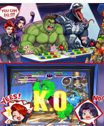 abs arcade_cabinet avengers_(series) black_bodysuit black_skin black_widow blue_eyes bodysuit brown_hair cheering colored_skin english_text facial_tattoo game_screenshot_inset green_skin highres hulk iron_man iron_man_(series) juggernaut_(x-men) leotard long_hair marvel marvel_rivals marvel_vs._capcom marvel_vs._capcom_2 muscular muscular_male natasha_romanoff neggoartz psylocke psylocke_(vengeance) purple_leotard red_hair red_lips sharp_teeth short_hair spider-man_(series) tattoo teeth tongue tongue_out topless_male venom_(marvel) x-men