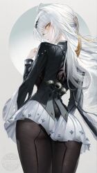 1girl absurdres ahoge ass black_jacket black_pantyhose commentary_request cowboy_shot from_behind grey_hair hair_ornament hand_up highres jacket long_hair long_sleeves looking_at_viewer looking_back official_alternate_costume pantyhose parted_lips renoahh skirt solo watermark white_skirt yellow_eyes yixuan_(trails_of_ink)_(zenless_zone_zero) yixuan_(zenless_zone_zero) zenless_zone_zero