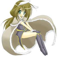 1girl 2000s_(style) animal_ears boots breasts brown_cape brown_hair cape closed_mouth commentary_request dress fake_animal_ears full_body fur-trimmed_boots fur-trimmed_cape fur-trimmed_gloves fur_trim gloves green_eyes grey_boots grey_dress grey_gloves hands_on_own_knees invisible_chair looking_at_viewer rabbit_ears ragnarok_online simple_background sitting small_breasts smile solo white_background wizard_(ragnarok_online) yuzu_tanuki