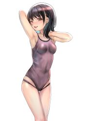 1girl absurdres bare_shoulders black_hair blush breasts brown_eyes brown_hair covered_navel emutsuichi highres long_hair looking_at_viewer navel one-piece_swimsuit open_mouth original school_swimsuit simple_background small_breasts smile solo standing swimsuit white_background