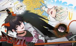 Rule 34 | 2boys, :d, ;d, angel, angel and devil, angel wings, antenna hair, belt, black belt, black choker, black gloves, black hair, black pants, black shirt, black wings, blonde hair, blue eyes, blue hair, blue shirt, character name, chibi, choker, collared shirt, commentary, crossed bangs, demon boy, demon horns, demon tail, demon wings, earrings, fangs, feathered wings, gloves, hair between eyes, halo, hand up, hibachi mana, hibachi mana (1st costume), highres, holding, holding polearm, holding weapon, horns, jewelry, jing (0r1 4), key, layered sleeves, long sleeves, looking at viewer, male focus, multicolored eyes, multicolored hair, multiple boys, nijisanji, one eye closed, open mouth, pants, polearm, print shirt, purple eyes, purple shirt, red horns, red tail, safety pin, saiki ittetsu, saiki ittetsu (1st costume), shirt, short hair, short over long sleeves, short sleeves, smile, sparkle, streaked hair, symbol-only commentary, tail, teeth, trident, turtleneck, two-tone shirt, undershirt, v-shaped eyebrows, virtual youtuber, weapon, white pants, white shirt, white wings, wings, yellow eyes, yellow halo, yellow shirt