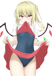 Rule 34 | &gt;:), 1girl, absurdres, blue one-piece swimsuit, blush, closed mouth, clothes lift, commentary request, covered navel, cowboy shot, crystal wings, eyelashes, eyes visible through hair, flandre scarlet, frilled shirt collar, frilled sleeves, frills, hair between eyes, hair intakes, highres, lifting own clothes, looking at viewer, medium hair, midriff peek, miniskirt, mouth hold, no headwear, one-piece swimsuit, paid reward available, puffy short sleeves, puffy sleeves, red eyes, red skirt, red vest, school swimsuit, shirt, shirt lift, short sleeves, side ponytail, sidelocks, simple background, skirt, skirt lift, smile, solo, swimsuit, swimsuit under clothes, szl, touhou, tsurime, upturned eyes, v-shaped eyebrows, vest, white background, white shirt, wings