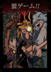 3boys absurdres asa03sk black_hair blonde_hair blue_eyes blue_hair commentary_request dark-skinned_male dark_skin glaring grey_hair highres long_hair male_focus millennium_puzzle millennium_rod multicolored_hair multiple_boys pointing red_eyes red_hair third_eye translation_request yami_bakura yami_marik yami_yugi yu-gi-oh! yu-gi-oh!_duel_monsters
