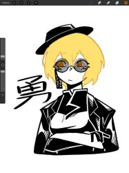 1girl black_hat black_jacket blonde_hair breasts cinq_association_east_uniform closed_mouth crossed_arms don_quixote_(project_moon) hat highres jacket jacket_on_shoulders limbus_company looking_to_the_side medium_breasts project_moon short_hair solo sunglasses talisman yellow_eyes yongsa_(ishmaelenjoyer)