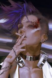 Rule 34 | 1boy, bandaid, bandaid on face, bandaid on nose, black choker, blood, blood on face, blood splatter, chain, chinese commentary, choker, cigarette, dragon boy (to be hero x), ear piercing, earphones, earrings, highres, holding, holding cigarette, jewelry, mohawk, open clothes, piercing, portrait, purple eyes, purple hair, ring, shirt, smoking, spiked hair, stud earrings, to be hero x, tubian yingxiong x, white shirt