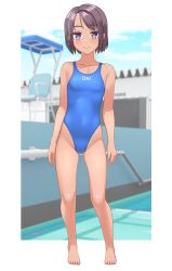 Rule 34 | 1girl, absurdres, barefoot, black one-piece swimsuit, blue eyes, blue hair, blue sky, chair, cloud, commentary request, competition swimsuit, covered navel, day, full body, highleg, highleg one-piece swimsuit, highres, lifeguard chair, one-piece swimsuit, original, outdoors, short hair, sky, solo, standing, swimsuit, takafumi, tan