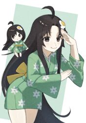 Rule 34 | 1girl, :&gt;, :3, ahoge, araragi tsukihi, black eyes, black hair, chibi, closed mouth, cowboy shot, curtained hair, egg hair ornament, floral print, floral print kimono, food-themed hair ornament, full body, green background, green kimono, hair ornament, hands up, japanese clothes, kimono, leaning forward, long hair, looking at viewer, looking to the side, monogatari (series), nek0n0 o, print kimono, side slit, smile, solo, standing, straight hair, two-tone background, white background, wide sleeves, yukata