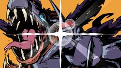 Rule 34 | black wings, blue eyes, claws, cyborg, digimon, digimon (creature), dinosaur, glint, highres, mechanical arms, metalgreymon, open mouth, orange background, red hair, ridgeone, saliva, sharp teeth, short hair, simple background, single mechanical arm, solo, teeth, tongue, tongue out, torn wings, wings