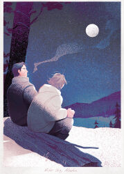 2boys black_coat border chun_(moonlessgown) cigarette coat commentary commentary_request english_commentary full_moon hal_emmerich hood hood_down hoodie log male_focus metal_gear_(series) metal_gear_solid mixed-language_commentary moon multiple_boys night night_sky outdoors pine_tree short_hair sitting sky smoke smoke_trail smoking solid_snake star_(sky) tree white_border white_hoodie winter