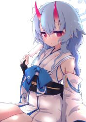 1girl blue_archive blue_hair chise_(blue_archive) commentary detached_sleeves food halo highres horns japanese_clothes kurosaki_kousuke long_hair popsicle red_eyes simple_background solo