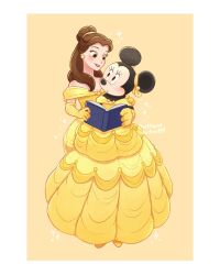 2girls beauty_and_the_beast belle_(disney) belle_(disney)_(cosplay) book brown_eyes brown_hair company_connection cosplay dress earrings elbow_gloves gloves highres jewelry long_hair mickey_mouse_&amp;_friends minnie_mouse mouse_girl multiple_girls ponytail smile takatmaorange yellow_dress