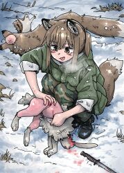 1girl :p absurdres animal_ears blood boots brown_eyes brown_hair camouflage camouflage_pants fox fox_ears fox_girl fox_girl_(yihan_world) fox_tail green_jacket hair_between_eyes highres jacket knife original pants ponytail rabbit snow squirrel tail tongue tongue_out yihan_world