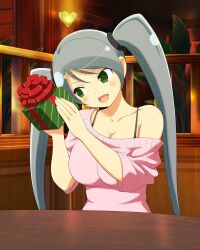 1girl :d armpit_crease blush box bra_strap breasts casual cleavage gift gift_box green_eyes grey_hair hair_between_eyes holding holding_box holding_gift indoors large_breasts long_hair non-web_source off-shoulder_shirt off-shoulder_sweater off_shoulder official_art open_mouth pink_sweater plant red_ribbon ribbon senran_kagura senran_kagura_new_wave shiny_skin shirt smile solo sweater swept_bangs table tongue tsubame_(senran_kagura) twintails v-shaped_eyebrows very_long_hair wall_lamp window yaegashi_nan