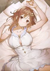 atelier_(series) atelier_ryza atelier_ryza_3 breasts brown_eyes brown_hair cleavage clover_hair_ornament dress expressionless hair_ornament hairclip head_tilt highres large_breasts looking_at_viewer lying non-web_source official_art on_back on_bed photoshop_(medium) pill reisalin_stout short_hair strap_slip toridamono white_dress x_hair_ornament