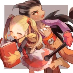 Rule 34 | 1boy, 1girl, backpack, bag, belt, black shirt, blonde hair, book, boots, border, brown belt, brown boots, brown hair, dark-skinned male, dark skin, dragon quest, dragon quest builders 2, dress, fang, female builder (dqb2), fringe trim, gloves, grey background, hair horns, hair pulled back, hair ribbon, hand on another&#039;s waist, heart, high-waist pants, holding, holding book, holding weapon, hotaro (bread fusa), jewelry, looking back, low ponytail, neckerchief, necklace, open book, open clothes, open shirt, orange pants, pants, ponytail, profile, purple shirt, red belt, red dress, red eyes, red gloves, red ribbon, ribbon, shirt, shirt under dress, sidoh (dqb2), skull belt, smile, spiked hair, sweatdrop, tooth necklace, twintails, two-tone dress, weapon, white border, white dress, yellow gloves, yellow neckerchief
