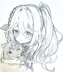 1girl animal animalization armlet cat closed_mouth cross-shaped_pupils detached_sleeves dress eyelashes genshin_impact graphite_(medium) greyscale hair_between_eyes hair_intakes hair_ornament half_crown_braid highres holding holding_animal holding_cat jewelry leaf leaf_hair_ornament light_smile long_hair looking_at_viewer m_o_ch_i monochrome nahida_(genshin_impact) pointy_ears scaramouche_(cat)_(genshin_impact) scaramouche_(genshin_impact) side_ponytail sidelocks sketch split_mouth symbol-shaped_pupils tareme traditional_media