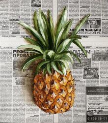 Rule 34 | food, food focus, fruit, julia stankevych, newspaper, no humans, oil painting (medium), original, painting (medium), pineapple, realistic, signature, still life, traditional media, wall of text