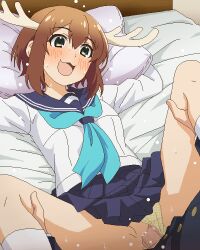 1boy 1girl :d antlers aqua_neckerchief bed_sheet black_skirt blush brown_hair censored clothed_sex clothing_aside commentary_request green_eyes horns leg_grab long_sleeves lying m_legs missionary mosaic_censoring neckerchief on_back open_mouth panties panties_aside penis pillow plaid_clothes plaid_panties pussy school_uniform serafuku sex shikanoko_noko shikanoko_nokonoko_koshitantan shirt short_hair skirt smile socks solo_focus spread_legs thigh_grab tomu_(tomubobu) underwear vaginal white_shirt yellow_panties