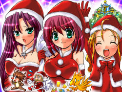 1990s_(style) 2boys 3girls animal_costume armor bag bare_shoulders blonde_hair blush boco breasts brown_hair bartz_klauser chocobo christmas cleavage everyone exdeath closed_eyes facial_hair faris_scherwiz final_fantasy final_fantasy_v flapper_shirt galuf_halm_baldesion gift green_eyes hat helmet krile_mayer_baldesion_(ff5) lenna_charlotte_tycoon long_hair multiple_boys multiple_girls mustache oonishi_koala open_mouth pink_hair purple_hair reindeer_costume sack santa_costume santa_hat shirt short_hair smile star_(symbol) tree