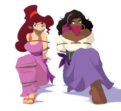 bdsm bondage bound breasts brown_hair cleavage cloth_gag dark_skin disney esmeralda_(disney) gag gagged hercules_(disney) improvised_gag ktu-lu megara_(disney) rope the_hunchback_of_notre_dame_(disney)