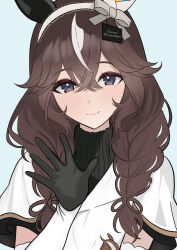 1girl absurdres animal_ears blush braid brown_hair closed_mouth commentary_request curren_bouquetd&#039;or_(umamusume) elbow_gloves g_bael_suomi gloves grey_eyes hair_between_eyes hair_ornament highres horse_ears horse_girl long_hair looking_at_viewer low_twin_braids simple_background smile twin_braids umamusume white_background