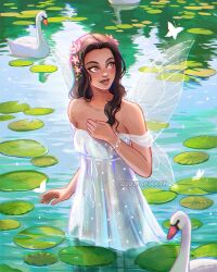 1girl artist_name bare_shoulders bird brown_eyes brown_hair bug butterfly day dress fairy fairy_wings flower hair_flower hair_ornament highres insect lily_pad long_hair looking_to_the_side luztapiaart original outdoors solo strapless strapless_dress swan water watermark white_butterfly white_dress wings
