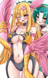Rule 34 | 2girls, absurdres, animal hands, black bodysuit, blonde hair, blush, bodysuit, breasts, brown eyes, cleavage, clothing cutout, cowboy shot, duel monster, feathered wings, grabbing another&#039;s breast, grabbing from behind, green hair, groping, harpie carla, harpie girl (yu-gi-oh!), heart, highres, large breasts, long hair, multiple girls, musical note, navel, one eye closed, parted lips, pink eyes, smile, sound effects, stomach cutout, winged arms, wings, ya-man, yu-gi-oh!, yu-gi-oh! rush duel, yuri