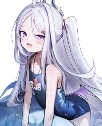 Rule 34 | 1girl, :d, absurdres, ahoge, black horns, blue archive, blue one-piece swimsuit, flat chest, highres, hina (blue archive), hina (swimsuit) (blue archive), horns, long hair, looking at viewer, low wings, official alternate costume, one-piece swimsuit, open mouth, purple eyes, simple background, smile, solo, somray, swimsuit, wet, wet clothes, wet swimsuit, whistle, whistle around neck, white background, wings