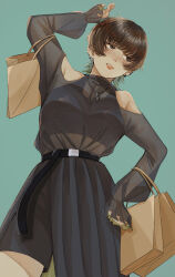 Rule 34 | 1girl, absurdres, ayumu (pixiv66340006), bag, belt, black shirt, brown eyes, brown hair, ear piercing, earrings, freckles, highres, impasto, jewelry, lipstick, makeup, necklace, original, piercing, procreate (medium), shirt, shopping bag, short hair, simple background, solo, standing, wolf cut