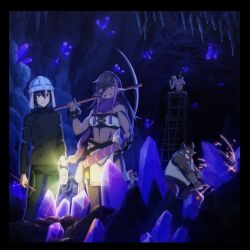 bare_shoulders bracelet cave crystal dark-skinned_female dark_skin fang female_orc highres holding holding_pickaxe isshun_de_chiryou_shiteita_noni_yakutatazu_to_tsuihou_sareta_tensai_chiyushi_yami_healer_toshite_tanoshiku_ikiru jewelry loewe_(yami_healer) makaria mining mining_helmet multiple_boys multiple_girls muscular muscular_female official_art open_mouth orc pelvic_curtain pickaxe red_eyes scarf zenos_(yami_healer)