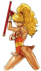 1girl bare_shoulders blonde_hair capcom capcom_vs_snk_2 dougi final_fight fingerless_gloves game_cg genryuusai_maki gloves high_ponytail highres holding holding_weapon kuji-in leaning_to_the_side legs_apart long_hair looking_at_viewer mma_gloves motoyui ninja non-web_source official_art parted_lips pelvic_curtain ponytail simple_background solo teeth tonfa wavy_hair weapon wrist_wrap