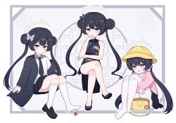 1girl absurdres bag barefoot black_dress black_hair black_jacket black_necktie black_shoes black_skirt blue_archive blue_eyes butterfly_hair_ornament china_dress chinese_clothes commentary double_bun dress grey_halo hair_bun hair_ornament halo hat highres jacket kisaki_(blue_archive) kisaki_(kindergarten_uniform)_(blue_archive) knees looking_at_viewer necktie open_mouth pantyhose pink_shirt shirt shoes shoulder_bag single_shoe skirt sleeveless sleeveless_dress socks sparkling_eyes stepping_on_bottle tonghua_sakana twintails white_pantyhose white_shirt white_socks yellow_bag yellow_hat