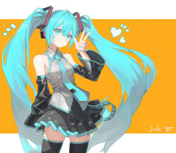 1girl absurdres aqua_eyes aqua_hair bare_shoulders black_thighhighs breasts collared_shirt detached_sleeves frilled_shirt frills grey_shirt hatsune_miku highres inkrua long_hair looking_at_viewer pleated_skirt shirt skindentation skirt sleeveless sleeveless_shirt small_breasts smile solo standing thighhighs twintails v very_long_hair vocaloid zettai_ryouiki