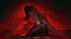 1girl absurdres animal_ears arknights black_pantyhose black_shoes blue_eyes brown_hair crying crying_with_eyes_open curly_hair detached_sleeves eyjafjalla_(arknights) eyjafjalla_the_hvit_aska_(arknights) glowing hands_on_own_face highres horns jacket jacket_on_shoulders liebebento_(dosilan) long_hair long_sleeves official_alternate_costume pantyhose paper purple_shirt sheep_ears sheep_girl sheep_horns shirt shoes solo swirl tears white_jacket wide-eyed