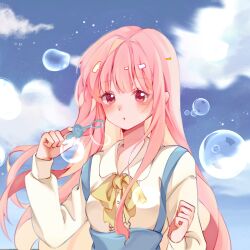 Rule 34 | 1girl, :o, artist request, bdsm, blowing bubbles, blue skirt, blue sky, bondage, bound, bow, bowtie, bubble, bubble wand, buttons, center frills, chinese commentary, clenched hand, cloud, collared shirt, colored inner hair, commentary request, day, dot nose, double-parted bangs, expressionless, eyelashes, frills, high-waist skirt, highres, holding, holding wand, light blush, light particles, long hair, long sidelocks, long sleeves, looking at object, loose hair strand, multicolored hair, nikki (nikki), nikki (series), nikki up2u2: world traveller, outdoors, parted lips, pink eyes, pink hair, puffy long sleeves, puffy sleeves, second-party source, shirt, sidelocks, skirt, sky, solo, suspender skirt, suspenders, two-tone hair, upper body, very long hair, wand, white shirt, yellow bow, yellow bowtie