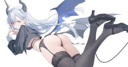 1girl ass black_bra black_panties black_sailor_collar black_shirt black_shoes black_thighhighs bra commentary cropped_shirt demon_girl demon_horns demon_tail demon_wings english_commentary feet_up garter_belt grey_hair high_heels highres horns interlocked_fingers knees_out_of_frame lace lace-trimmed_thighhighs lace_trim lingerie long_hair long_sleeves looking_at_viewer low_wings lying nekojira no_pants on_stomach original own_hands_together panties parted_hair parted_lips pointy_ears puffy_long_sleeves puffy_sleeves revision sailor_collar sailor_shirt shirt shoes simple_background sleeve_cuffs solo tail the_pose thea_(nekojira) thighhighs underwear white_background wings