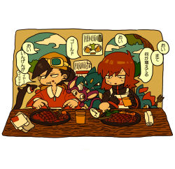 2boys aipom apron backwards_hat border chewing croconaw cup cutting eating ethan_(pokemon) food food_on_face food_theft gen_2_pokemon hat holding holding_cup indoors juice knife male_focus medoroooa multiple_boys napkin nintendo orange_juice pokemon pokemon_hgss quilava red_hair silver_(pokemon) sneasel speech_bubble steak sweat table translation_request white_apron white_border window