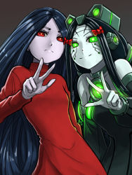 2girls alma_(f.e.a.r.) android black_dress black_hair black_sleeves blue_hair bow colored_sclera colored_skin crossover detached_sleeves dress expressionless f.e.a.r. glowing glowing_eyes green_eyes green_sclera green_skin hair_bow long_dress long_hair looking_at_viewer multiple_girls neon_trim pale_skin parted_hair personification red_bow red_dress red_eyes robot_ears s.h.o.d.a.n. smile substance20 system_shock turtleneck turtleneck_dress v very_long_hair