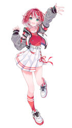 1girl aqua_eyes arm_cutout asymmetrical_skirt belt blush collarbone full_body highres idolmaster idolmaster_va-liv jacket kneehighs long_sleeves looking_at_viewer multicolored_hair muto_(n0sug4r) official_art open_clothes open_jacket open_mouth pleated_skirt red_hair red_shirt red_socks red_theme shirt shoes short_hair skirt sleeves_past_wrists sneakers socks solo teeth tomori_manaka two-tone_hair upper_teeth_only virtual_youtuber white_background white_belt white_hair white_shoes white_skirt