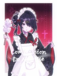 Rule 34 | 1girl, :o, aegyo sal, ame-chan (needy girl overdose), apron, black eyes, black hair, black kimono, border, butterfly pin, commission, cross, duster, hair bun, hair ornament, hair over one eye, hair ribbon, hand up, highres, holding, holding duster, japanese clothes, kimono, koharustuki, maid, maid apron, maid headdress, needy girl overdose, ribbon, solo, watermark, white border, wide sleeves, x hair ornament