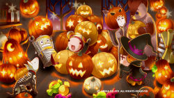 Rule 34 | + +, 1girl, black dress, book, candy, dress, food, full body, halloween, hat, headphones, highres, long sleeves, multiple boys, official art, official wallpaper, open mouth, pumpkin, smile, technictix, tree, witch hat
