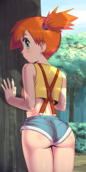 1girl against_tree alternate_color apostle_(artist) ass back bare_shoulders blue_sky blush cloud cloudy_sky creatures_(company) crop_top crop_top_overhang denim denim_shorts forest from_behind game_freak green_eyes highres looking_at_viewer looking_back midriff misty_(pokemon) nature nintendo orange_hair outdoors pokemon pokemon_(anime) ponytail profile revealing_clothes shiny_skin shirt short_hair short_ponytail short_shorts shorts side_ponytail sky sleeveless sleeveless_shirt solo_focus suspenders tank_top thighs tree wide_ponytail yellow_shirt